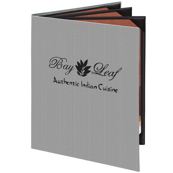 A black Menu Solutions quad panel menu cover with black and silver custom text on it.