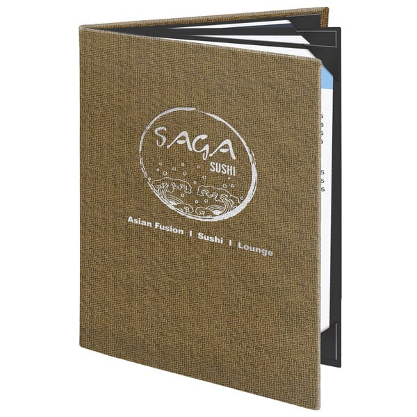 A brown Menu Solutions Water Street wicker menu cover with white text.