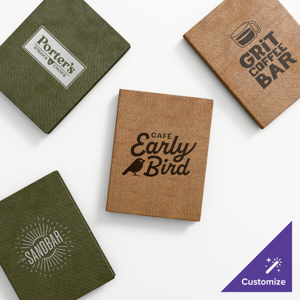 A set of four customizable quad panel menu covers in green and brown with various restaurant logos on the front.