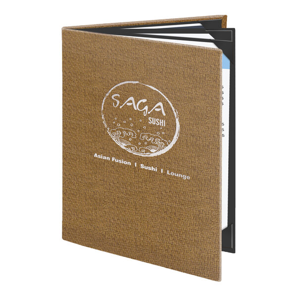 Menu Solutions WK160C Water Street Wicker 8 1/2" x 11" Customizable Quad Panel 6 View Booklet Menu Cover