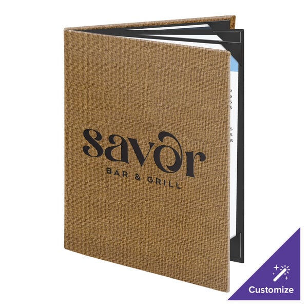 Menu Solutions WK160C Water Street Wicker 8 1/2" x 11" Customizable Quad Panel 6 View Booklet Menu Cover