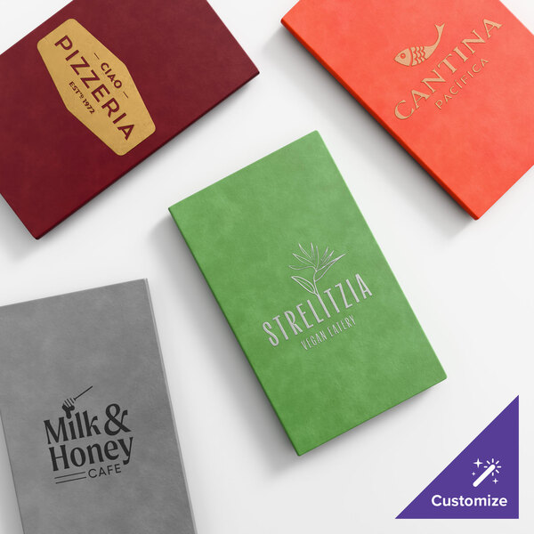 A set of four customizable menu covers in different colors, each featuring a unique restaurant logo and name.