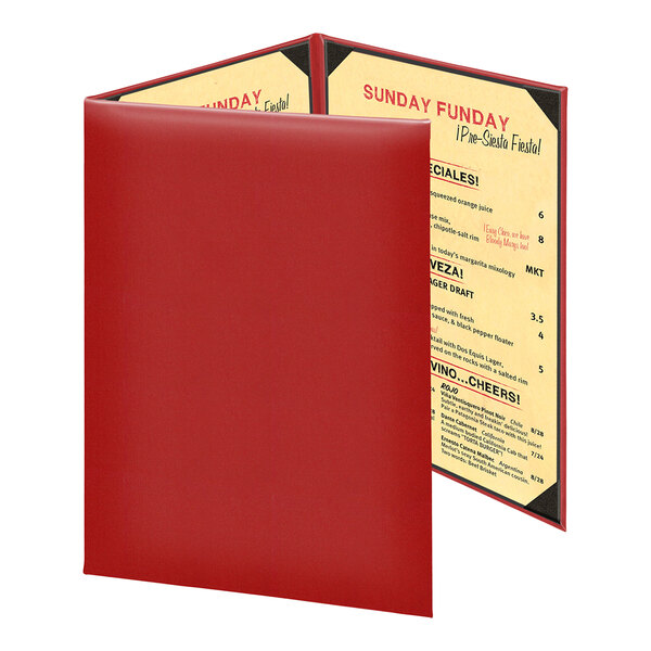 A red, tri-fold menu cover with one side closed and the other side displaying a printed menu inside.