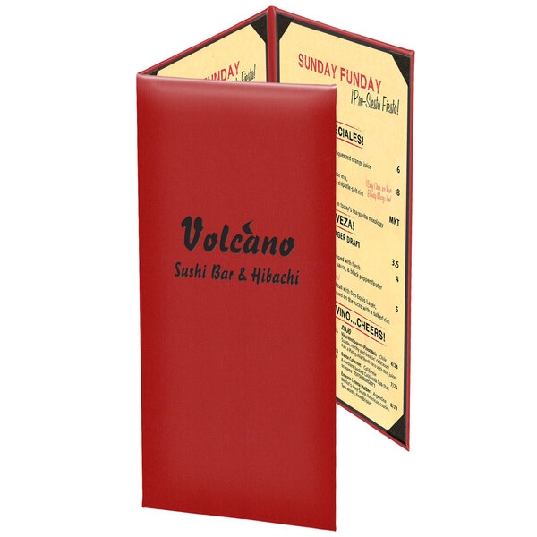 A red Menu Solutions Kensington menu cover with black text.