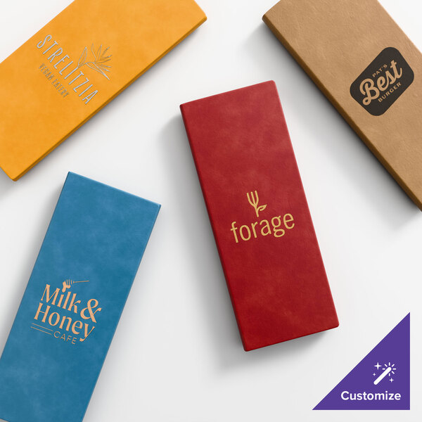 A set of four customizable, rectangular menu covers in various colors, each featuring different restaurant logos.