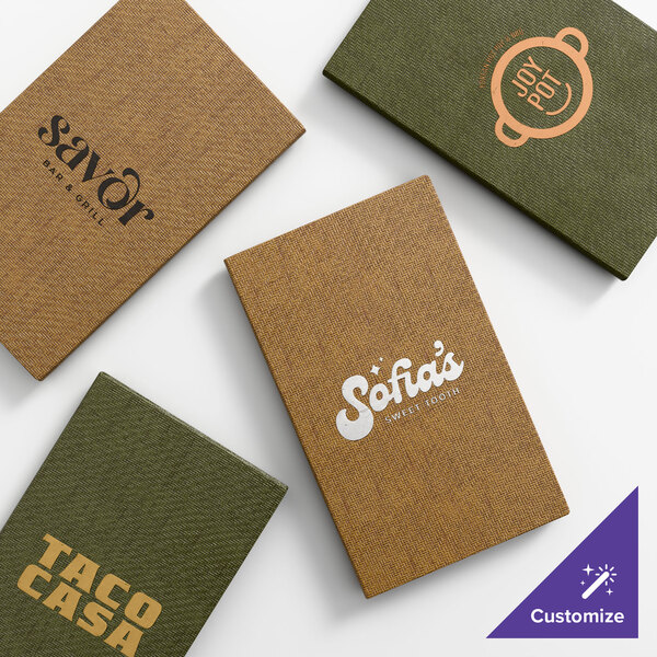 A set of customizable wicker-textured menu covers in green and brown colors, each featuring different restaurant logos.