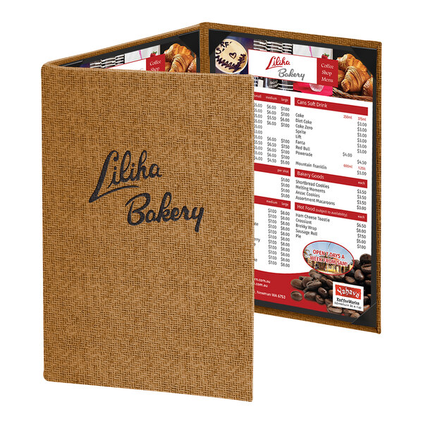 A brown textured three-panel menu cover with 'Lihka Bakery' printed on the front and a visible menu inside.