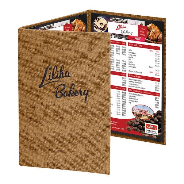 Menu Solutions WK130D Water Street Wicker 8 1/2" x 14" Customizable 3 View Continuous Menu Cover