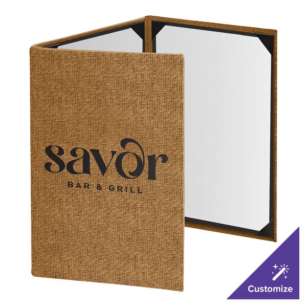 Menu Solutions WK130D Water Street Wicker 8 1/2" x 14" Customizable 3 View Continuous Menu Cover