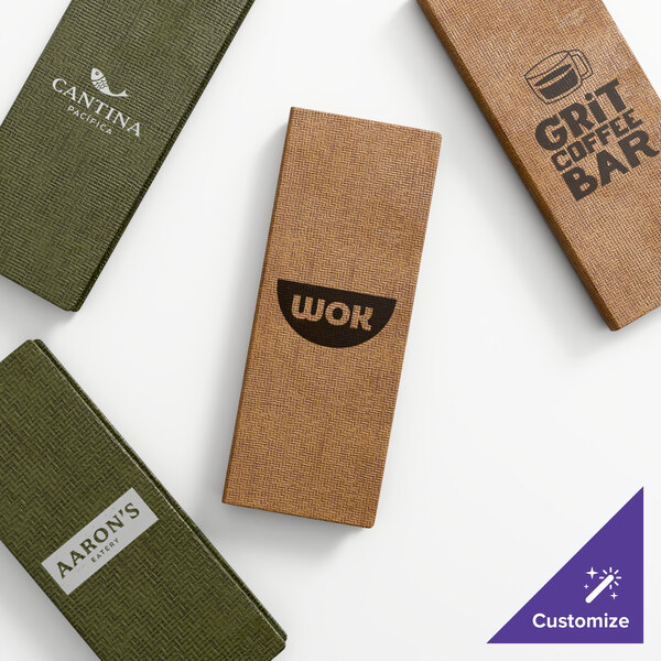A set of customizable quad panel booklet menu covers in green and brown colors, each featuring different restaurant logos.