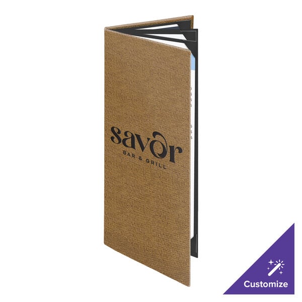 Menu Solutions WK160BA Water Street Wicker 4 1/4" x 11" Customizable Quad Panel 6 View Booklet Menu Cover