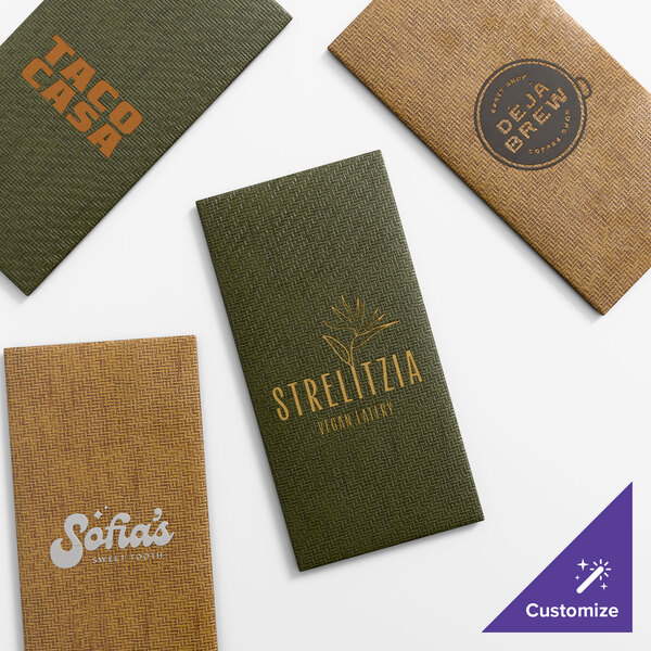 A set of four textured, customizable menu covers in green and brown tones, each featuring different business logos.