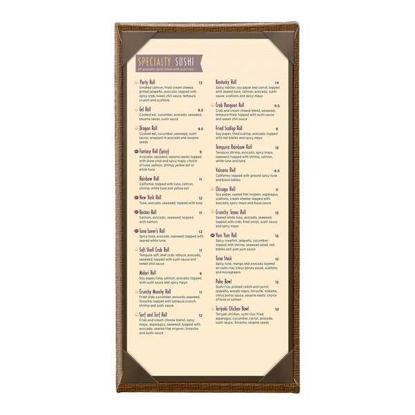 A brown wicker-framed, single-view menu cover displaying a specialty sushi menu.