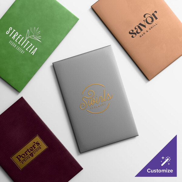 A customizable 11" x 17" menu cover available in various colors and styles.