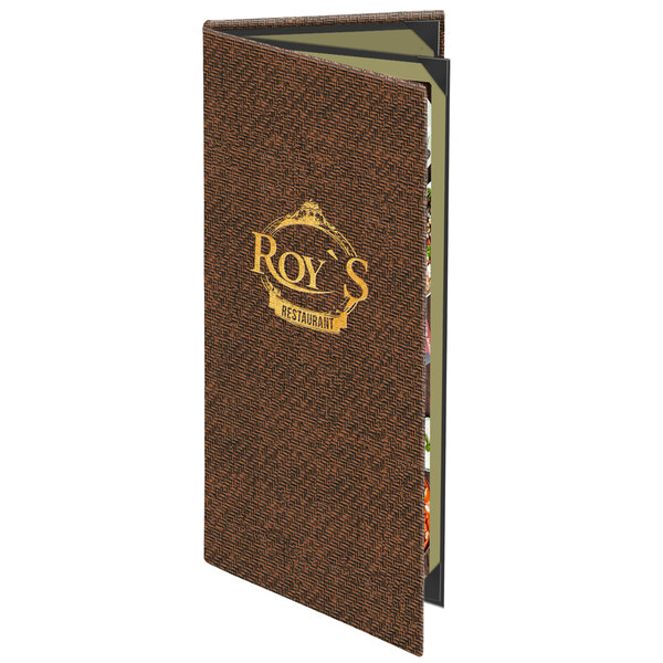 A brown Menu Solutions Water Street wicker triple panel menu cover on a table in a family-style restaurant.