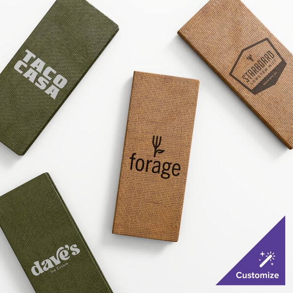 A set of customizable triple panel booklet menu covers in green and brown with various restaurant logos.