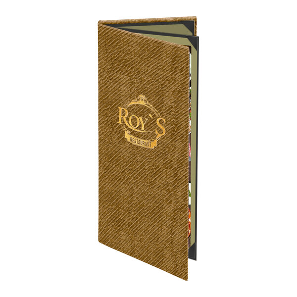 A brown wicker-textured triple panel menu cover with customizable front, designed to hold four menu pages.