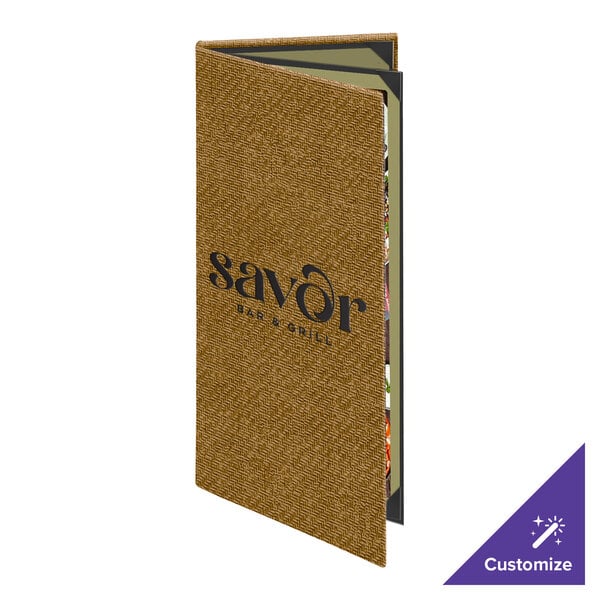 Menu Solutions WK140BA Water Street Wicker 4 1/4" x 11" Customizable Triple Panel 4 View Booklet Menu Cover