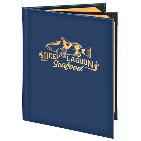 A white Menu Solutions triple panel menu cover with a blue and gold fish logo.