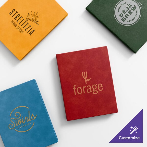 A set of four customizable triple panel booklet menu covers in various colors, each featuring different restaurant logos on the front.