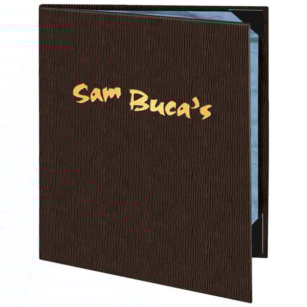 A brown Menu Solutions menu cover with yellow customizable text.