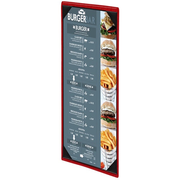 A Menu Solutions customizable menu board on a table with a burger and fries.