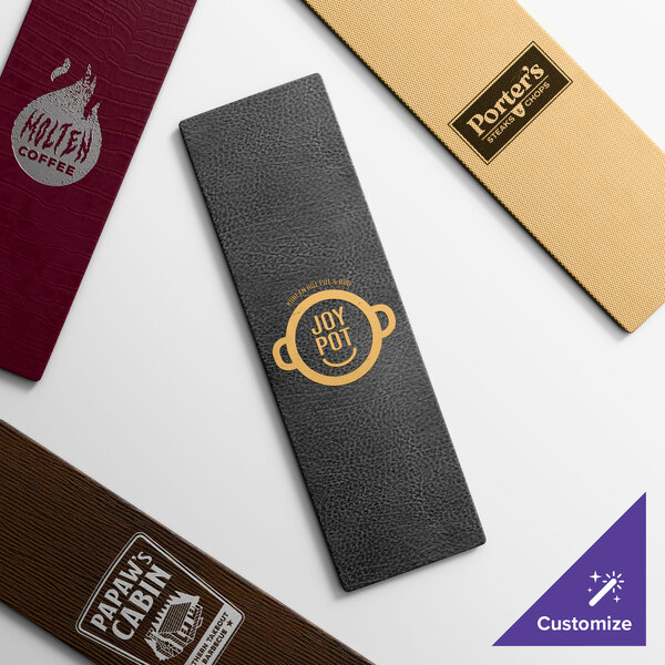 A customizable slim line menu cover measuring 4 1/4 by 14 inches, shown in various colors and textures with different restaurant logos.