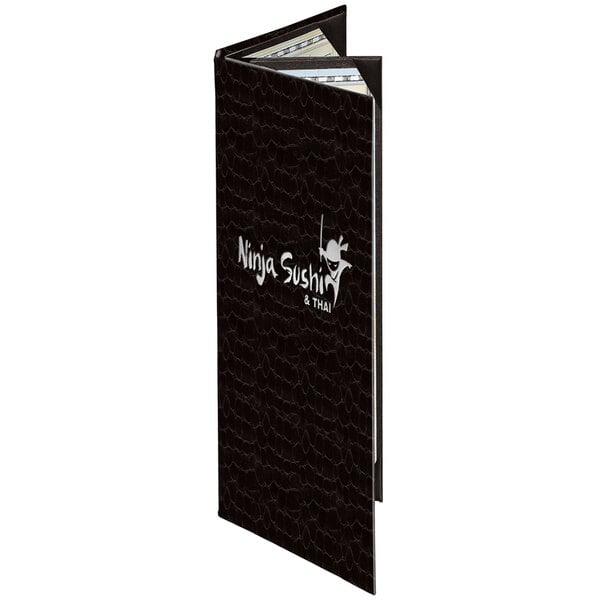 A black Menu Solutions menu cover with white custom text.