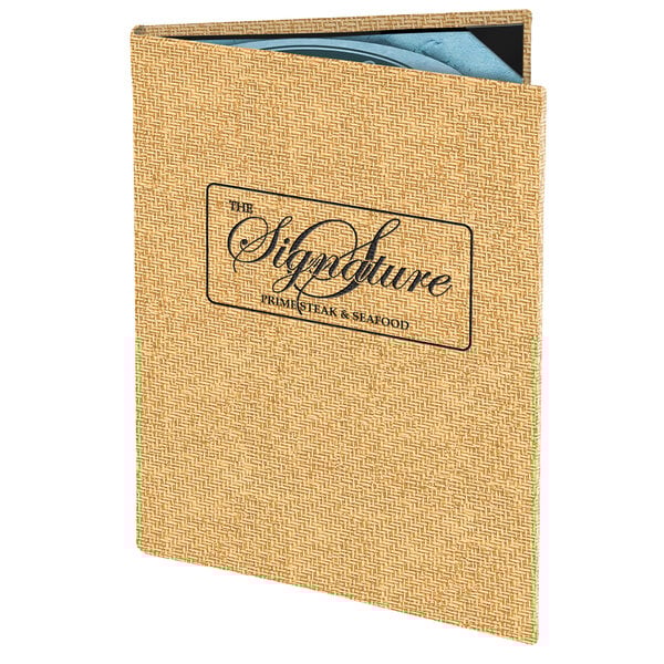 A Menu Solutions Water Street wicker menu cover with a blue and white logo on it.