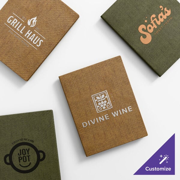A set of customizable wicker-textured menu covers in brown and green, each featuring different restaurant logos and names.