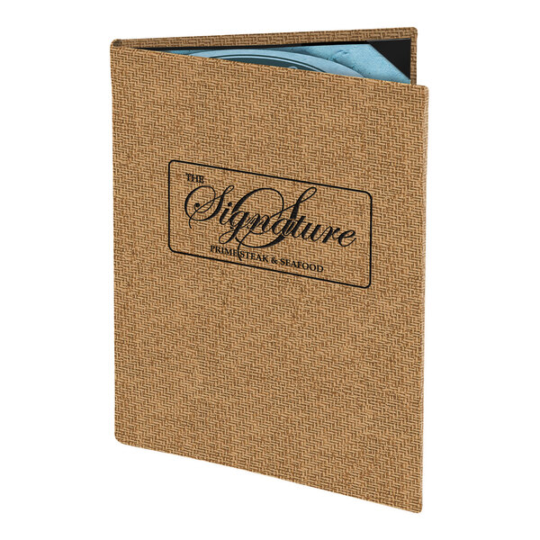 A tan wicker-patterned customizable menu cover designed to hold 8 1/2" x 11" pages.