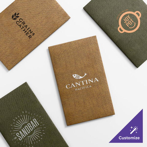 A set of four customizable wicker-textured menu covers in brown and green, each featuring different restaurant logos.