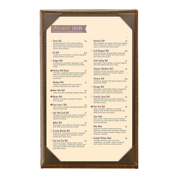 A brown wicker-framed, single-view menu cover displaying a specialty sushi menu.