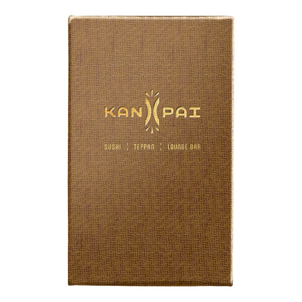 A brown customizable menu cover with a textured pattern and gold lettering.