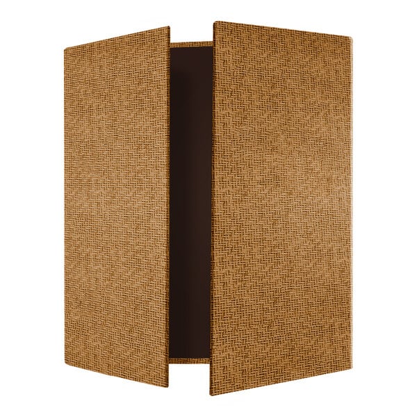 A brown, textured, three-panel gatefold cover with a woven pattern, standing upright and partially open.