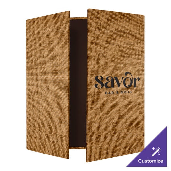 Menu Solutions WK155C Water Street Wicker 4 1/4" x 8 1/2" Customizable x 11" Gatefold Style 3 View Menu Cover