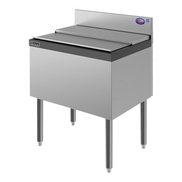 A Perlick stainless steel underbar ice chest with a black top.