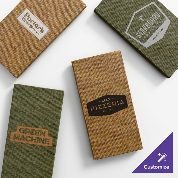 A set of four customizable wicker-textured menu covers in green and brown colors, each displaying different restaurant names.