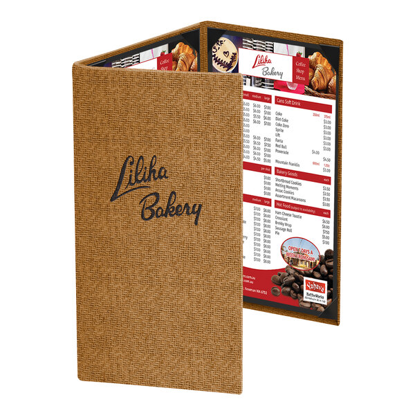A brown textured three-panel menu cover with customizable inserts, displaying a bakery menu.