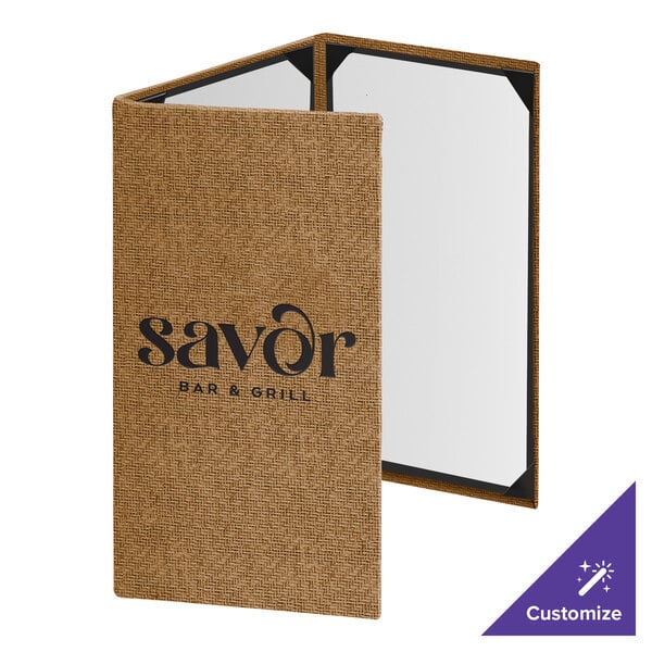 Menu Solutions WK130B Water Street Wicker 5 1/2" x 11" Customizable 3 View Continuous Menu Cover