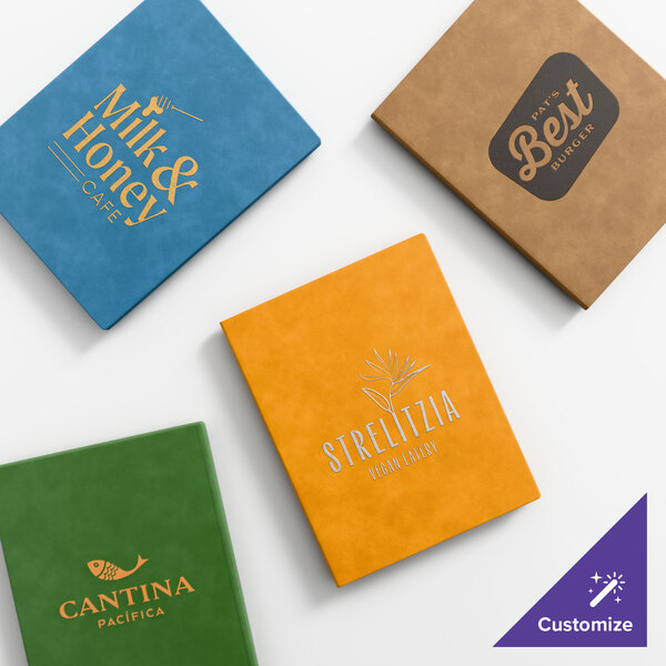 A set of four customizable 8 1/2" x 11" menu covers in different colors and designs.