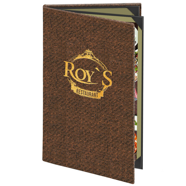 A brown Menu Solutions Water Street wicker menu cover.