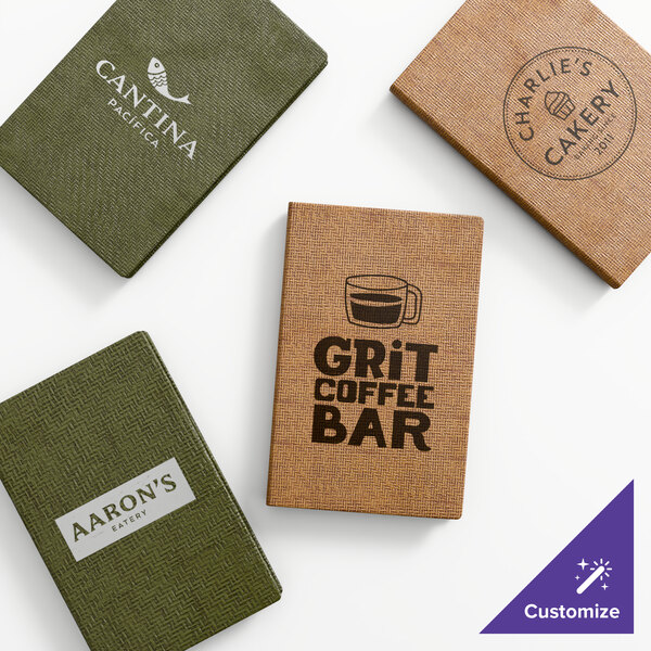 A set of customizable triple panel wicker booklet menu covers in green and brown colors, each featuring different restaurant logos.