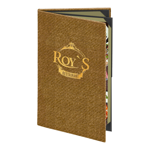 Menu Solutions WK140A Water Street Wicker 5 1/2" x 8 1/2" Customizable Triple Panel 4 View Booklet Menu Cover