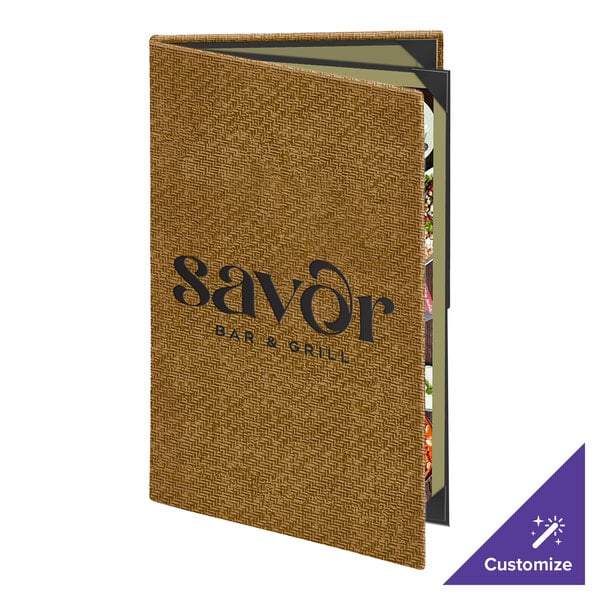 Menu Solutions WK140A Water Street Wicker 5 1/2" x 8 1/2" Customizable Triple Panel 4 View Booklet Menu Cover