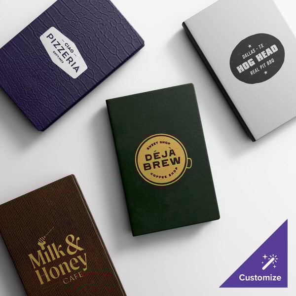 A set of four customizable triple panel booklet menu covers in various colors and textures, each featuring different restaurant logos.