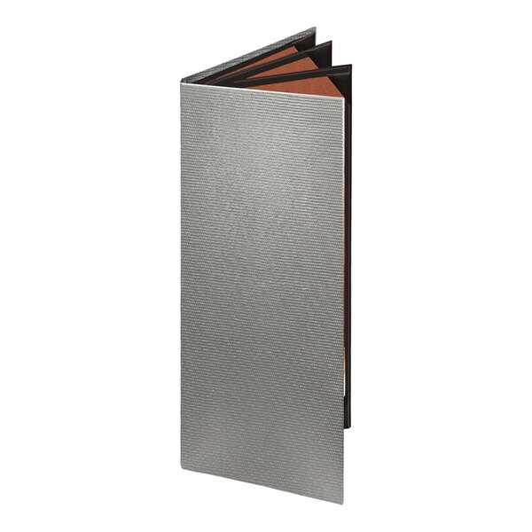 A standing, partially open booklet with a textured gray cover and visible inner brown pages.