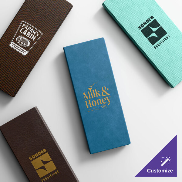 A collection of slim, customizable three-view menu covers in various colors and textures, each featuring different restaurant logos.