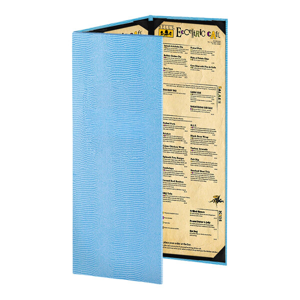 A standing, tri-fold menu cover with a textured light blue exterior and visible printed menu pages inside.