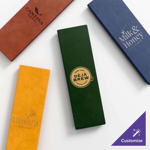 A set of four customizable, rectangular menu covers in various colors, each featuring different restaurant logos.